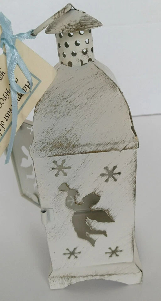 Candle Lantern Christmas White Galvanized Metal Angel Playing Horn 7.5" - Image 4 of 4