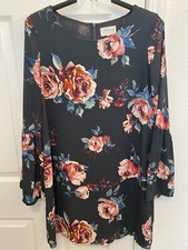 EVERLY Women Floral Shift Dress Dark Charcoal Gray Bell Sleeve Back Zip Lined M