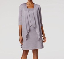 R M Richards Women Gray Metallic Shift A-Line Draped Jacket Dress Plus Size 20W