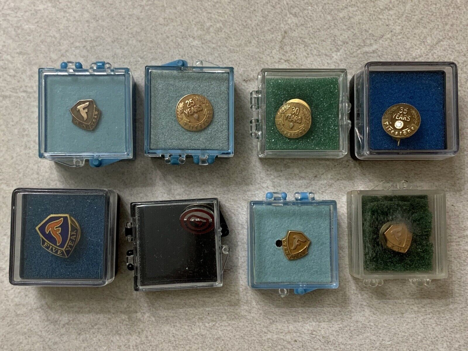 FIRESTONE EMPLOYEE SERVICE AWARD PINS Set 8, 5yr-35yr, 10K Gold & Company  pin | eBay