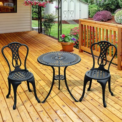 Garden 2 Seater Round Dining Table and Chair Set Cast Aluminium Black