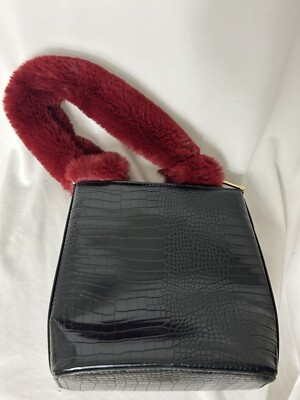 Topshop Bucket Bag Black Croc Print With Red Faux Fur Strap Shoulder Bag  Vgc UK - Main Image