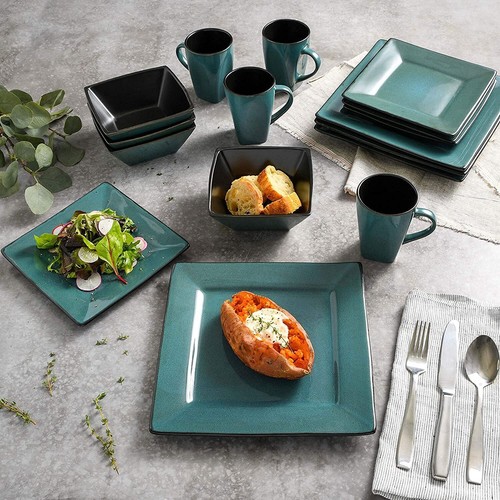 Dinnerware Set 16 Pc Square Dinner Dish Kit for 4 Home Dining Kitchen Dishware - Picture 12 of 54