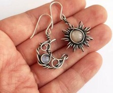 Boho Sun and Moon Drop Dangle Earrings, Moonstone Style Celestial Asymmetrical