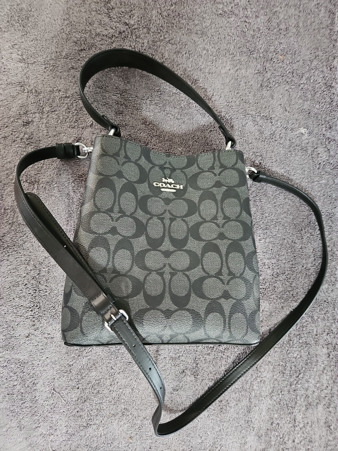 Coach Small Town Bucket Bag in Graphite Black Signature Canvas PVC