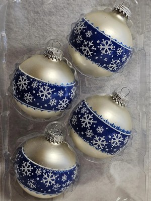 Blue Band of Snowflakes Glitter Glass Balls Christmas Tree Ornament Set of 4