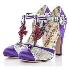Gucci Nappa Silk Mariska Embellished T-Strap Pumps 37IT
