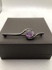Vintage 925 Silver Amethyst Brooch Bar Pin Hallmarked Gemstone Jewellery Vtg