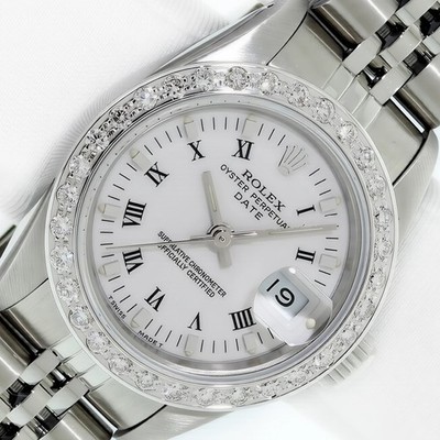 ROLEX LADIES DATEJUST STAINLESS STEEL FACTORY WHITE ROMAN DIAL QUICK-SET WATCH
