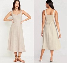 Old Navy Linen Midi Sweetheart Neck Dress Women Natural Smocked Fit & Flare XL