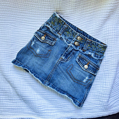 Vintage Y2K Cherokee Girls Denim Skort 4T Embroidered Frayed Waist Blue Jean