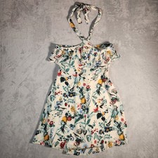 Banana Republic Dress Size 8 White Floral Ruffled Halter Pineapple Flare A-Line
