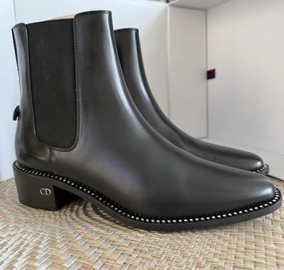 DIOR Black Glazed Leather TomBoy Ankle Boots With Chrystal Trim NIB Size 39