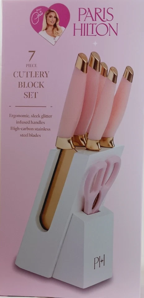 JUEGO DE CUBIERTOS PARIS HILTON 7 PIEZAS JUEGO DE CUCHILLOS DE COCINA PARIS HILTON ROSA Y DORADO NUEVO Foto 4 de 4