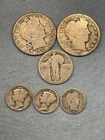 Lot 6) 2 Barber Half’s, 1 Lib. Quarter, 2 Mercury And 1 Barber Dime! 90% Silver.