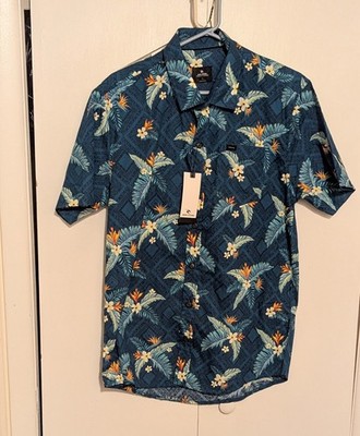 Rip Curl Fiji Home Town Button Up Shirt Size L Blue Hawaiian Floral Brand New