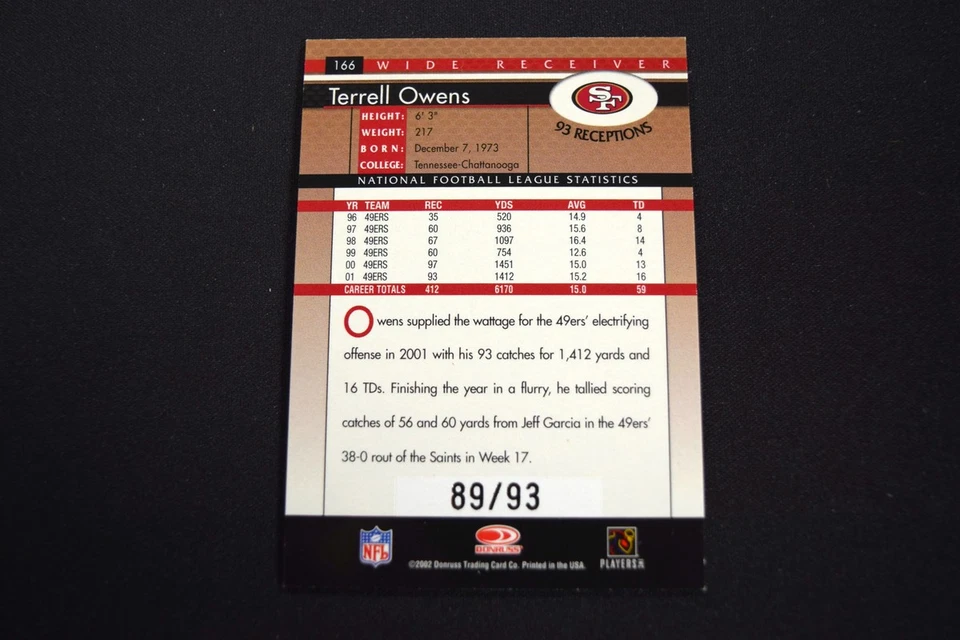 Terrell Owens 2002 Donruss #166 Season Stat Line /93 Parallel Rainbow Foil 49ers - Image 2 of 2