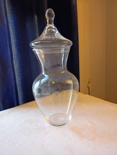 Bonbon Jar Also Known As Apothecary Jar/Clear Class/Lid/Etched Leaf Design 10.5"