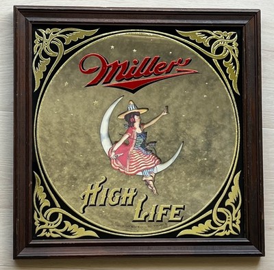Vintage Miller High Life 1979 Girl On The Moon Beer Mirror Wall Bar Sign 14''x14''