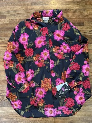 NWT-VTG Maggie Sweet Womens Shirt Top Size M Black Colorful Floral Long Sleeve