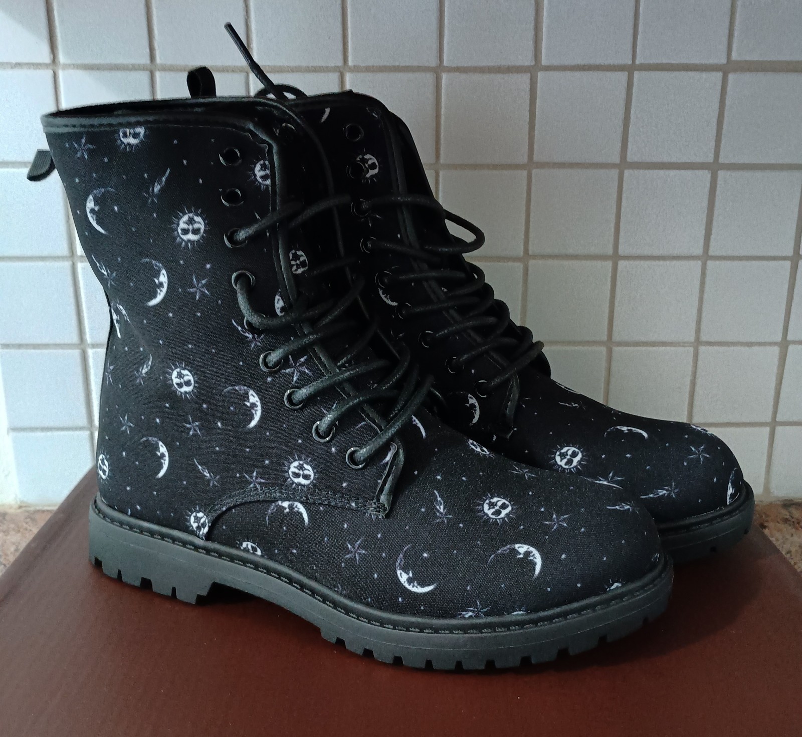 Cosmic Combat Boots for Women Size 6 Black Moon Stars Lace Up Ankle Boots Dolls Kill-image