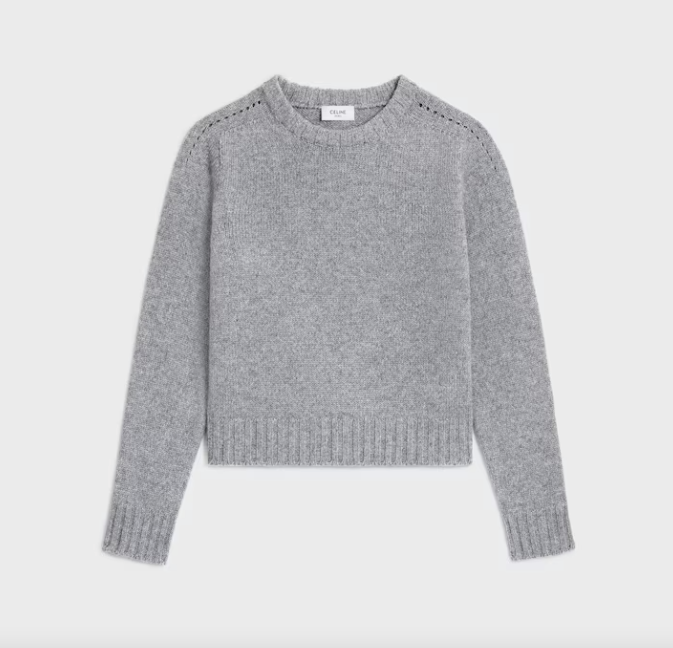 CELINE Medium Gray Cashmere/Tonal Triomphe Embroidery Long Sleeve Sweater XS