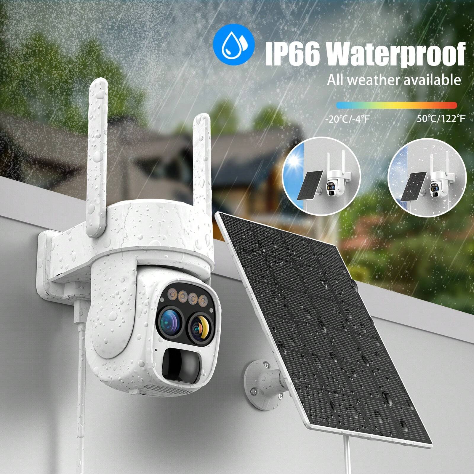 Solar-Powered Wireless Outdoor Security Camera, 2K HD, 10x Zoom, Dual Lens, 360°