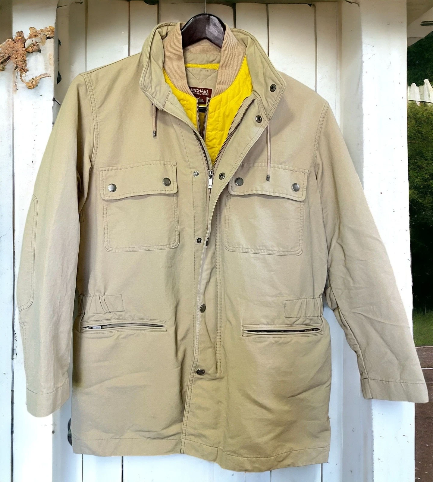 Michael Kors Giacca Doppia Uomo Taglia Large Cappotto Marrone Zip Giallo Giacca Interna