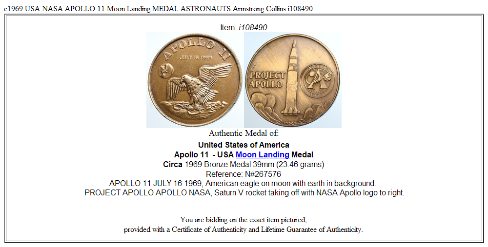 c1969 USA NASA APOLLO 11 Moon Landing MEDAL ASTRONAUTS Armstrong