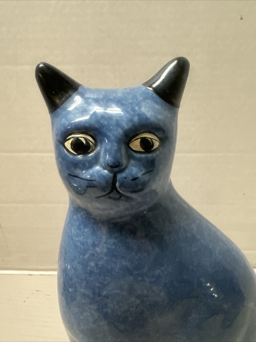 Vintage Blue Calico China Cat Figurine Sponge ware 9” | eBay