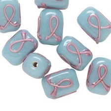 10 Pink Ribbon Breast Cancer Awareness Blue Glass 13x11mm Rectangle Beads