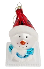 Snowman Head 5" Glass Christmas Ornament Red Hat Blue Scarf