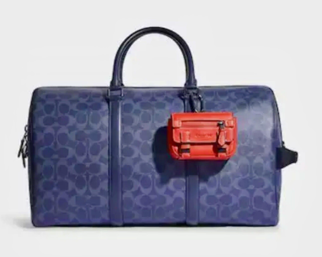 New COACH Micro Track Key Fob Gunmetal Miami Red Attached Carabiner Clip C9981