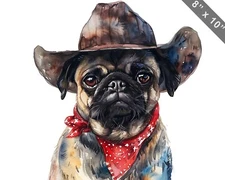 Pug dressed as a cowboy with a bandana watercolor painti 8x10 Print