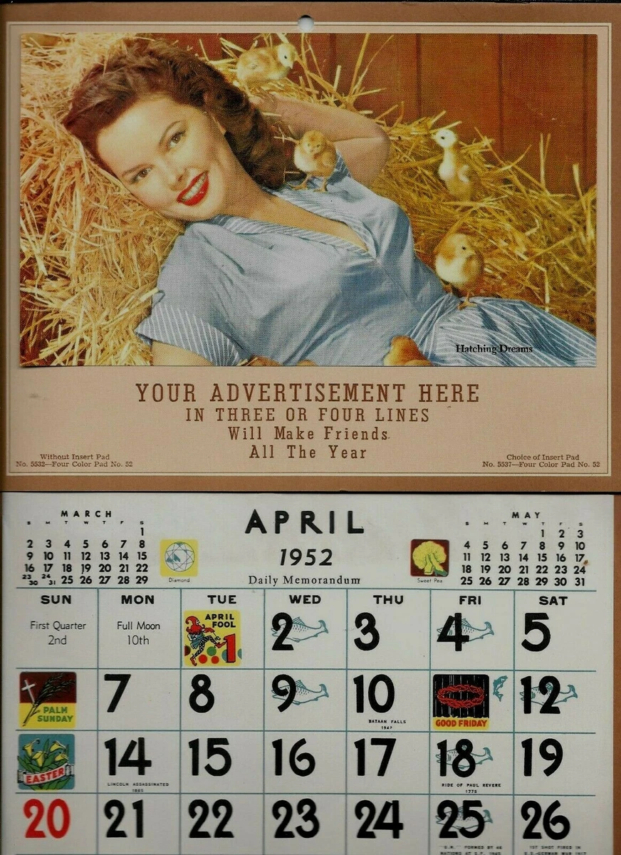 Lady Straw Chicks Hatching Dreams Sample Calendar April 1952 Date Only |  eBay