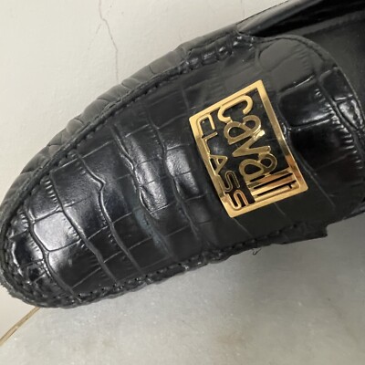 Roberto Cavalli Black Croc-Embossed Leather Loafers with Gold Monogram NEW Roberto Cavalli Class Black Croc Embossed Leather  main image 4
