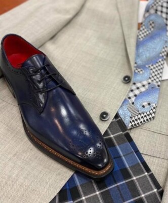 sachin and babi light blue dress Men's Handmade Genuine Navy Blue Leather Shoes Lace-up Formal Dress Shoes