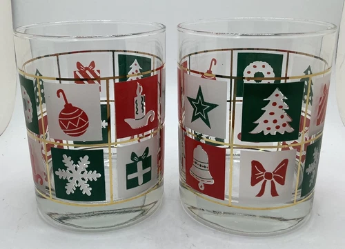 Lot of 2 Culver Xmas Medley #226 Christmas Double Old Fashioned Whiskey Glasses