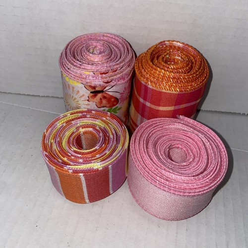 Spring Wired Pink Ribbon Lot 20 Yards Solid Butterfly Flower Plaid Stipe - Picture 3 of 8