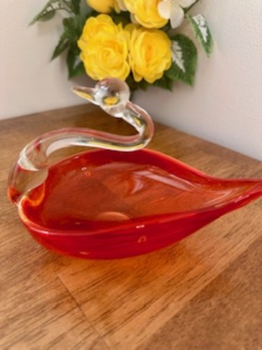 Hand Blown Glass Swan Dish Vintage Red Orange Bowl with Clear Neck Mid Century - Picture 2 of 6