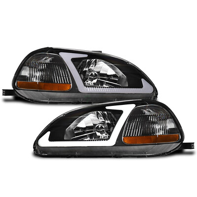 Topline For 1996-1998 Honda Civic LED Strip Bar Headlights Signal Amber - Black