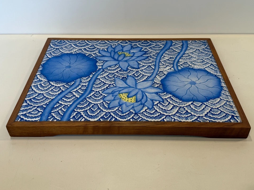 Vintage Lotus Flower Tile Art with Wood Frame Trivet, 15 1/2" x 11 3/4" (Tile) - Image 2 of 4