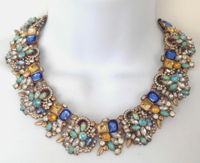 Vintage NATASHA Gold Tone Link  Flowers Multicolor Rhinestone Chunky Necklace