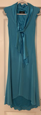 Vtg ABS Essentials Allen Schwartz Aqua Blue Satin Scarf Tie High Low Dress Sz P