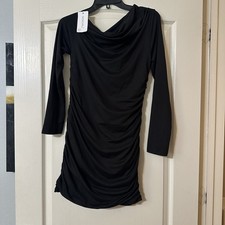 Black Long Sleeve Cowl Neck Dress Size Large Stretch Above Knee NEW WITH TAGS