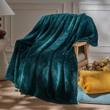 Super Soft Throw Blanket Dark Teal Premium Silky Flannel Fleece Leaves Pattern 