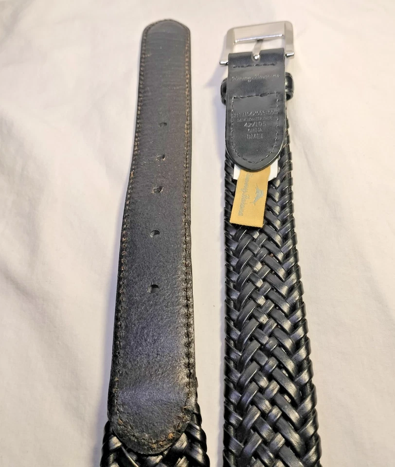 Tommy Bahama Hombre Trenzado Cinturón Cuero Negro 42/105 Hebilla Plateada Vestido Clásico Foto 4 de 4