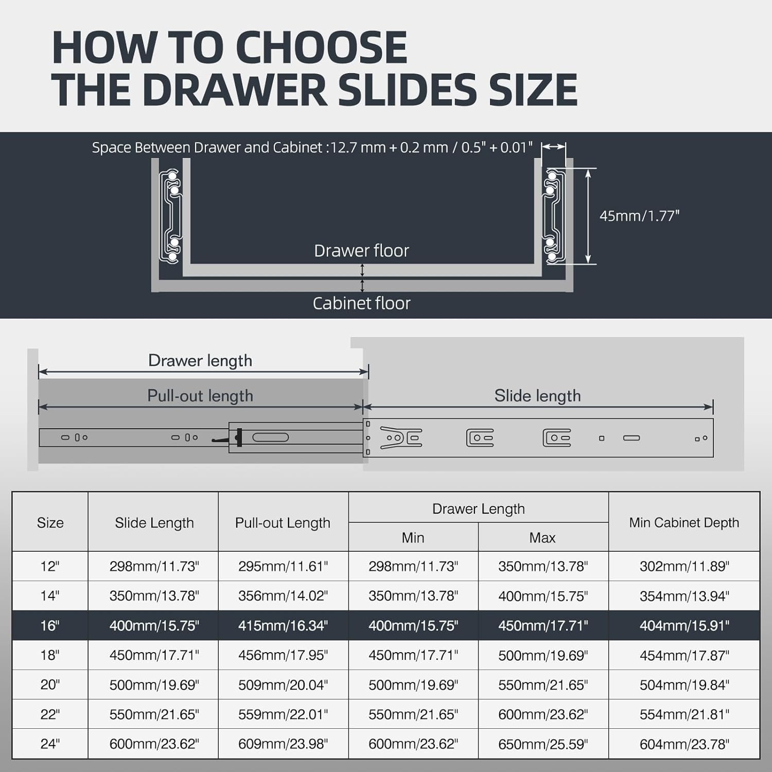Soft Close Drawer Slides, 10 Pairs, 100 Lb Capacity, 16 Inch Black Rails