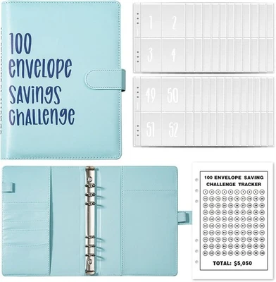 FENGQQKJ 100 Umschläge Spar Challenge Umschlag Spar Challenge Ordner Blau Sparbuch Geld