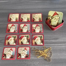 Vintage 1985 Mrs. Grossman’s Enesco Santa Christmas Tin w/ Tags Ribbon Missing 1